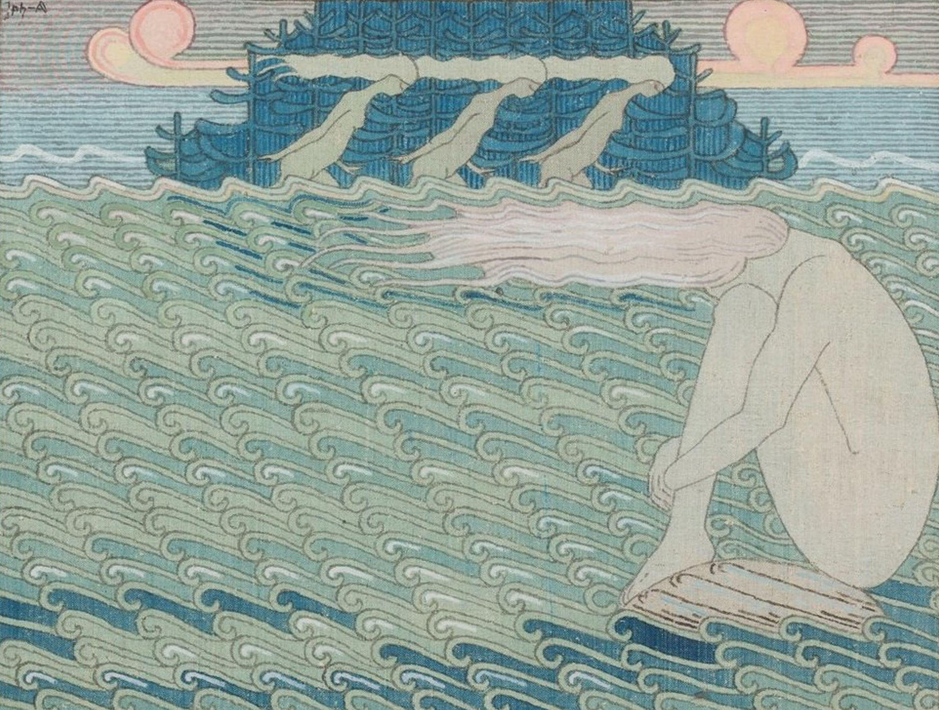 'Maidens at the Headlands', a 1919–1920 painting by Joseph Alanen, depicts Finnish mythological themes with stylized female figures.